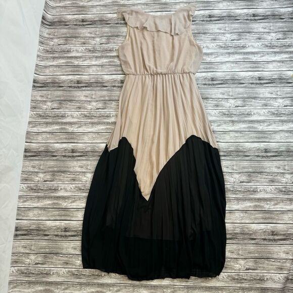 Vivayou Women's Maxi Dress Tan Beige Black Accordion Pleat L LG Large Ruffle - Picture 15 of 15